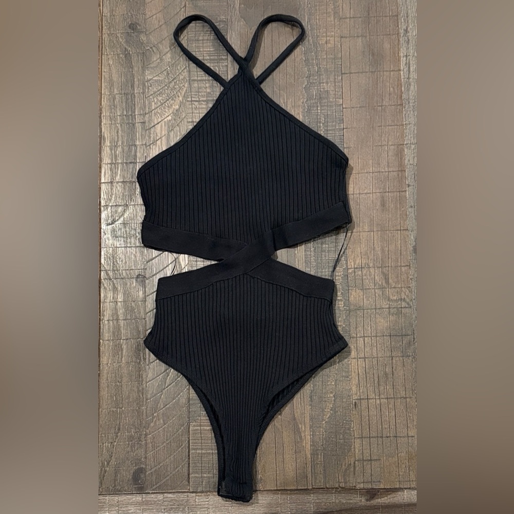 Zara One Piece Bodysuit Black Ribbed Cut Outs Lightweight Summer Festival S NWOT